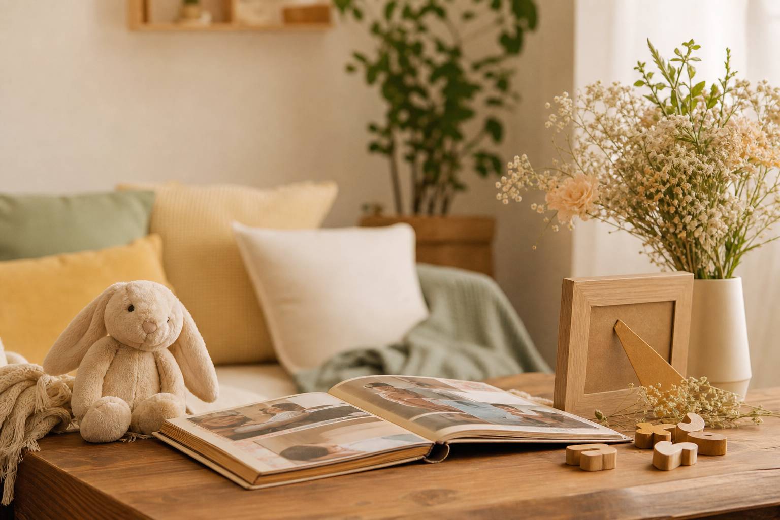 Interieur familial album photo ouvert lettres bois peluche