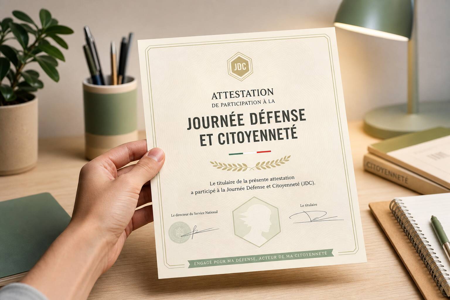 Attestation de participation à la Journée Défense et Citoyenneté sur un bureau