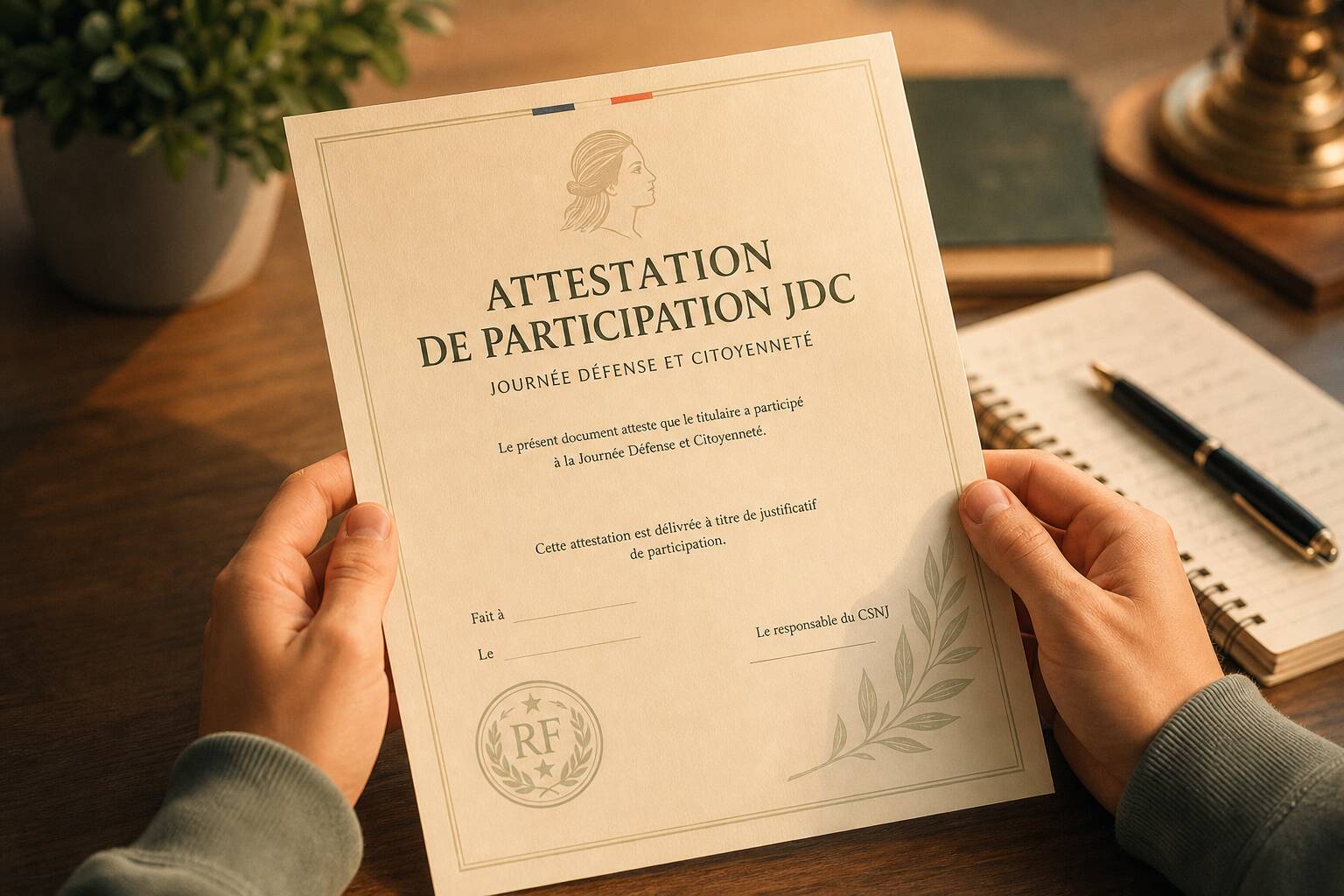 Jeune personne tenant un certificat de participation à la Journée Défense et Citoyenneté