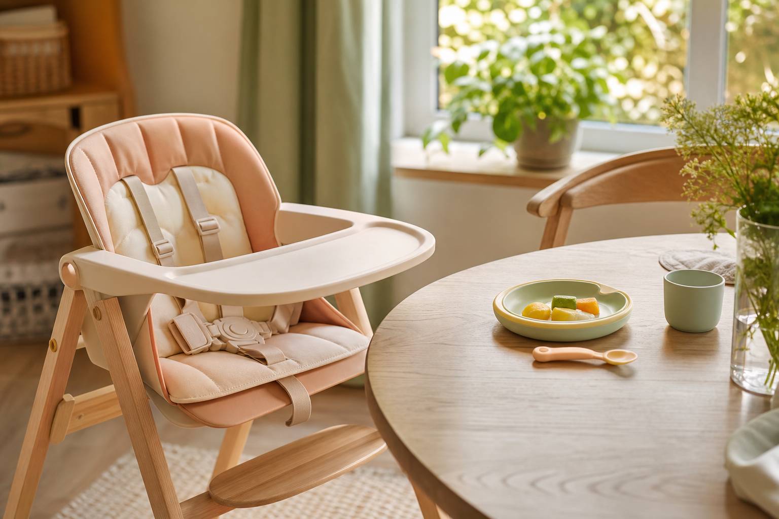 Chaise haute pour enfant avec harnais de securite pres d une table familiale