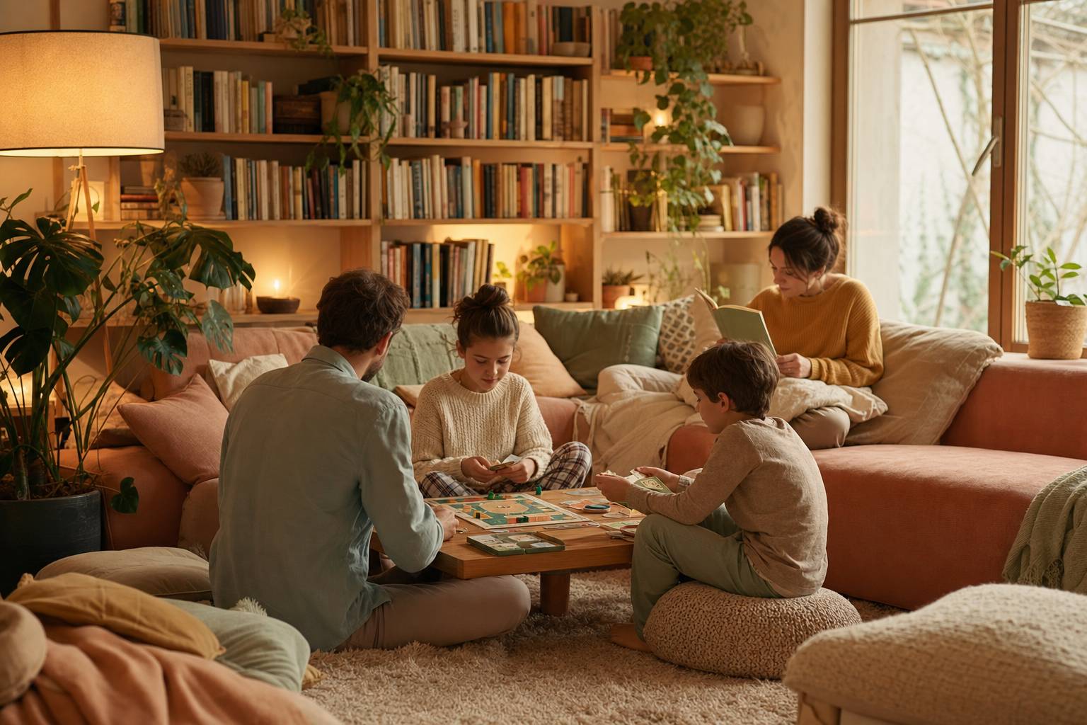 Famille en confinement lisant des livres dans un salon cocooning