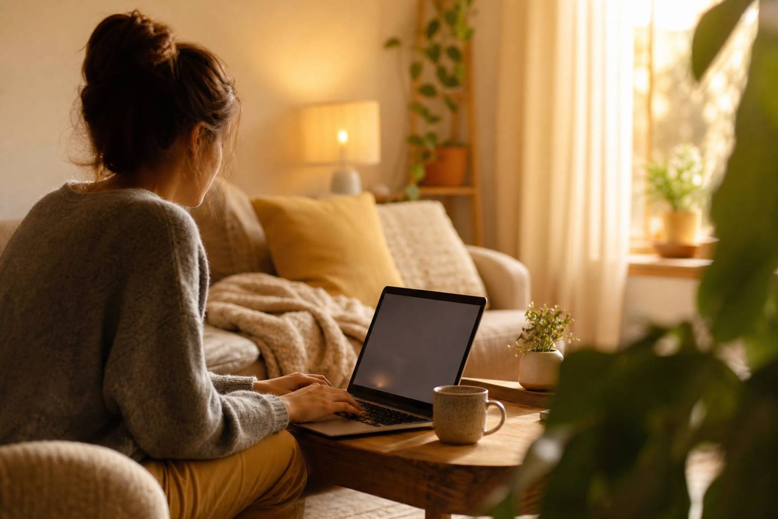 Teletravailleur avec ordinateur portable et cafe confinement maison