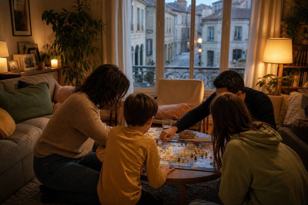 Famille confinee jouant a un jeu de societe dans le salon