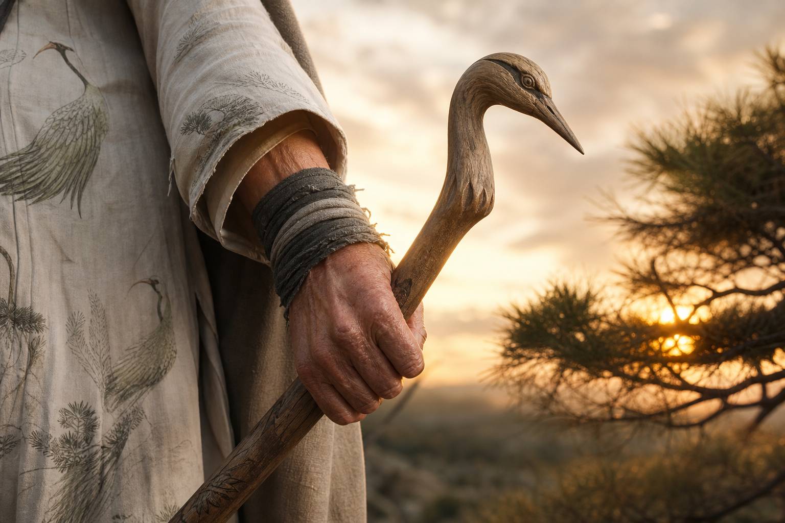 Weathered hand holding a crane-head carved wooden staff belonging to Tsuru Sennin
