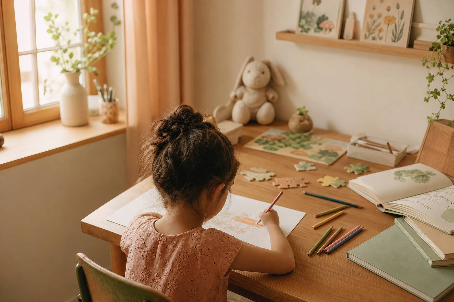 Enfant assis a un bureau entoure de livres et puzzles pour apprentissage