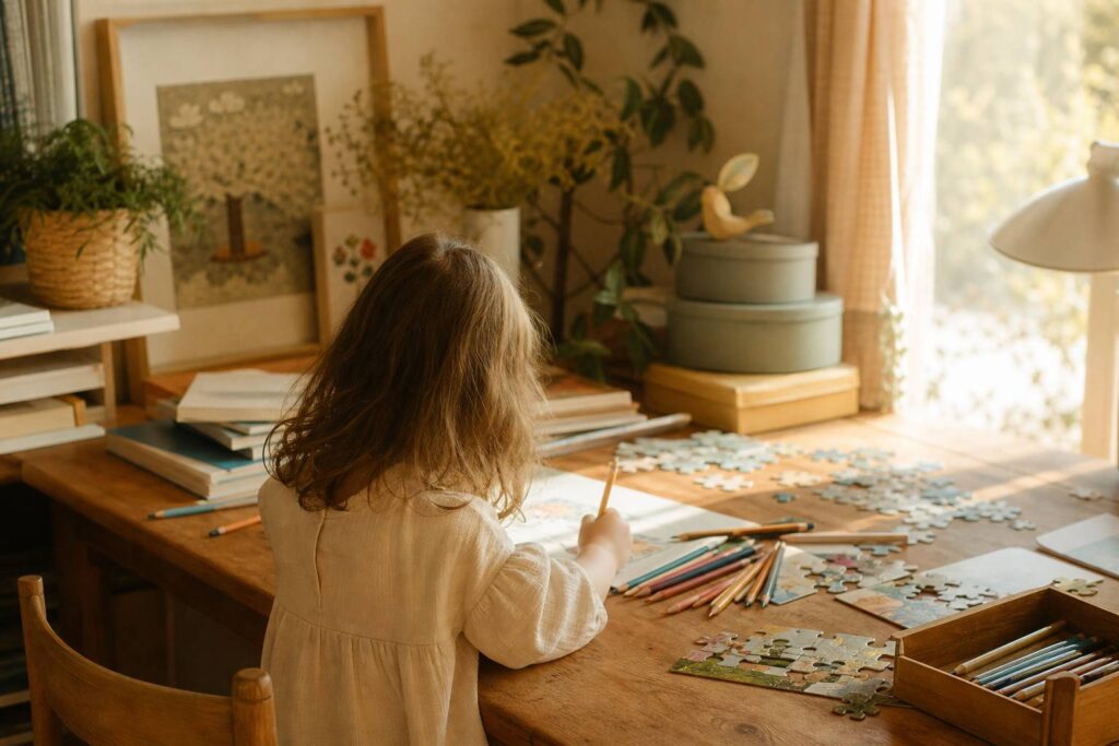 Enfant dessinant a son bureau avec crayons de couleur dans une piece lumineuse