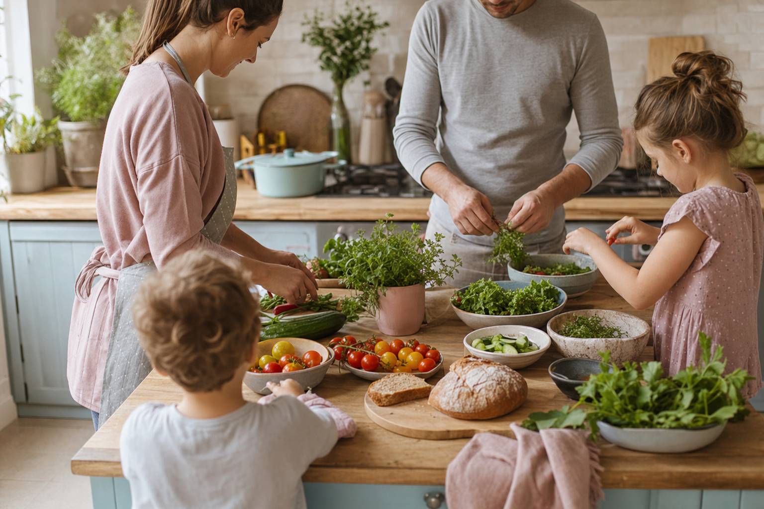 Famille preparant un repas sain avec legumes frais dans une cuisine lumineuse