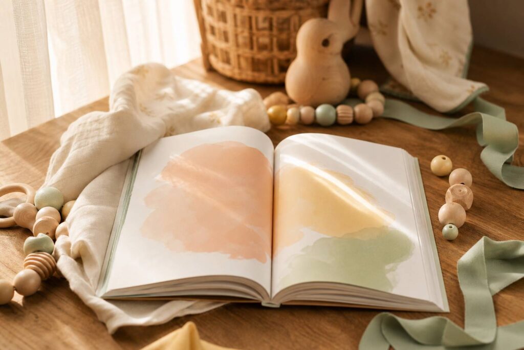 Livre de prenoms ouvert accessoires naissance perles bois lettres