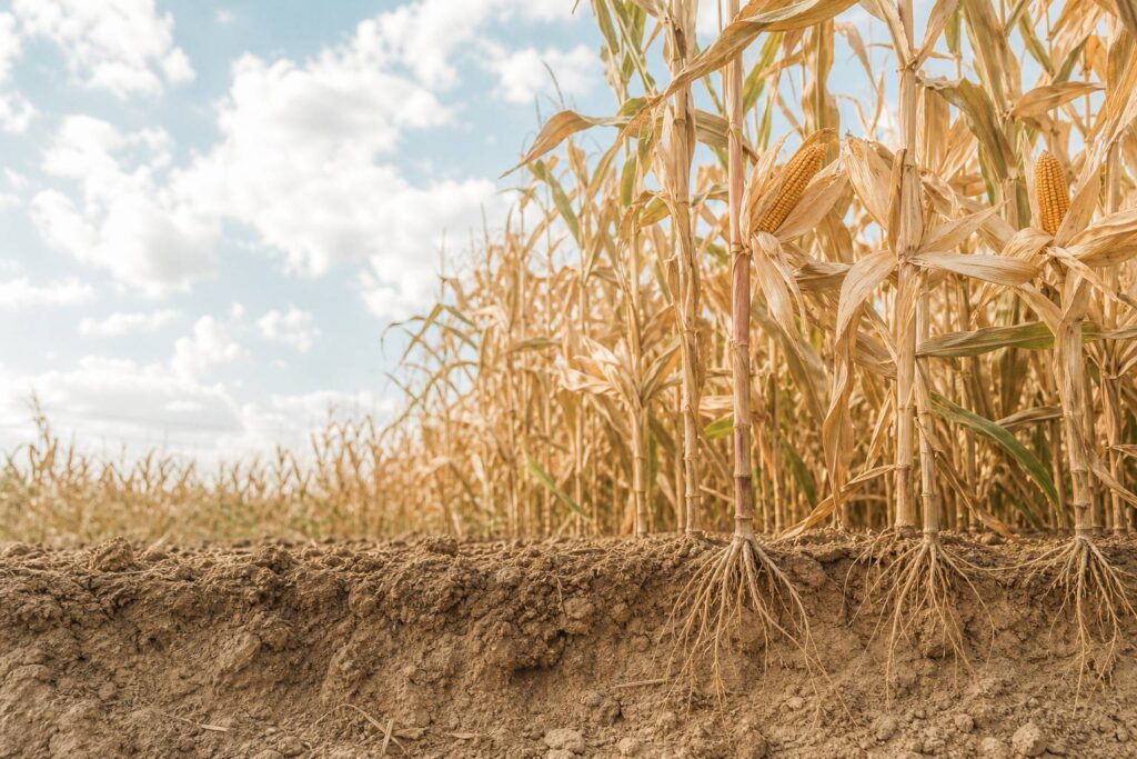Champ de mais dore en ete montrant les racines dans le sol, agriculture educative