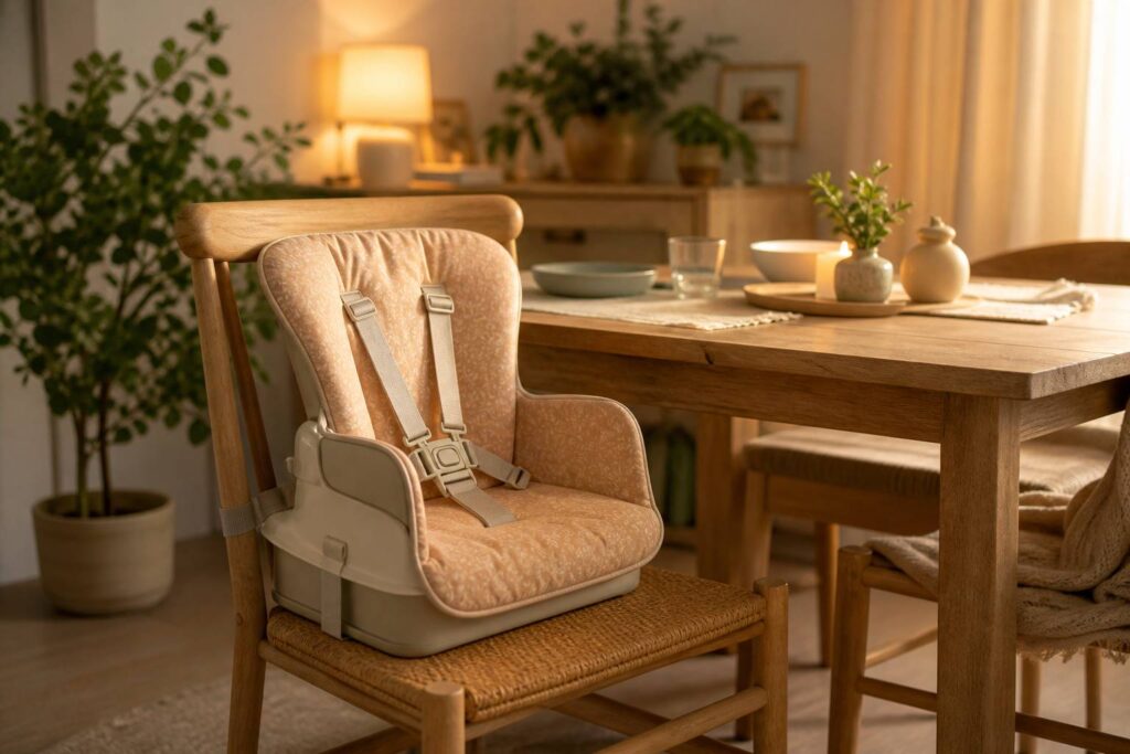 Rehausseur de securite pour enfant pose sur chaise de salle a manger familiale