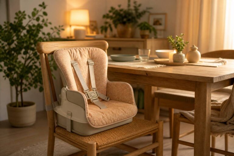 Rehausseur de securite pour enfant pose sur chaise de salle a manger familiale