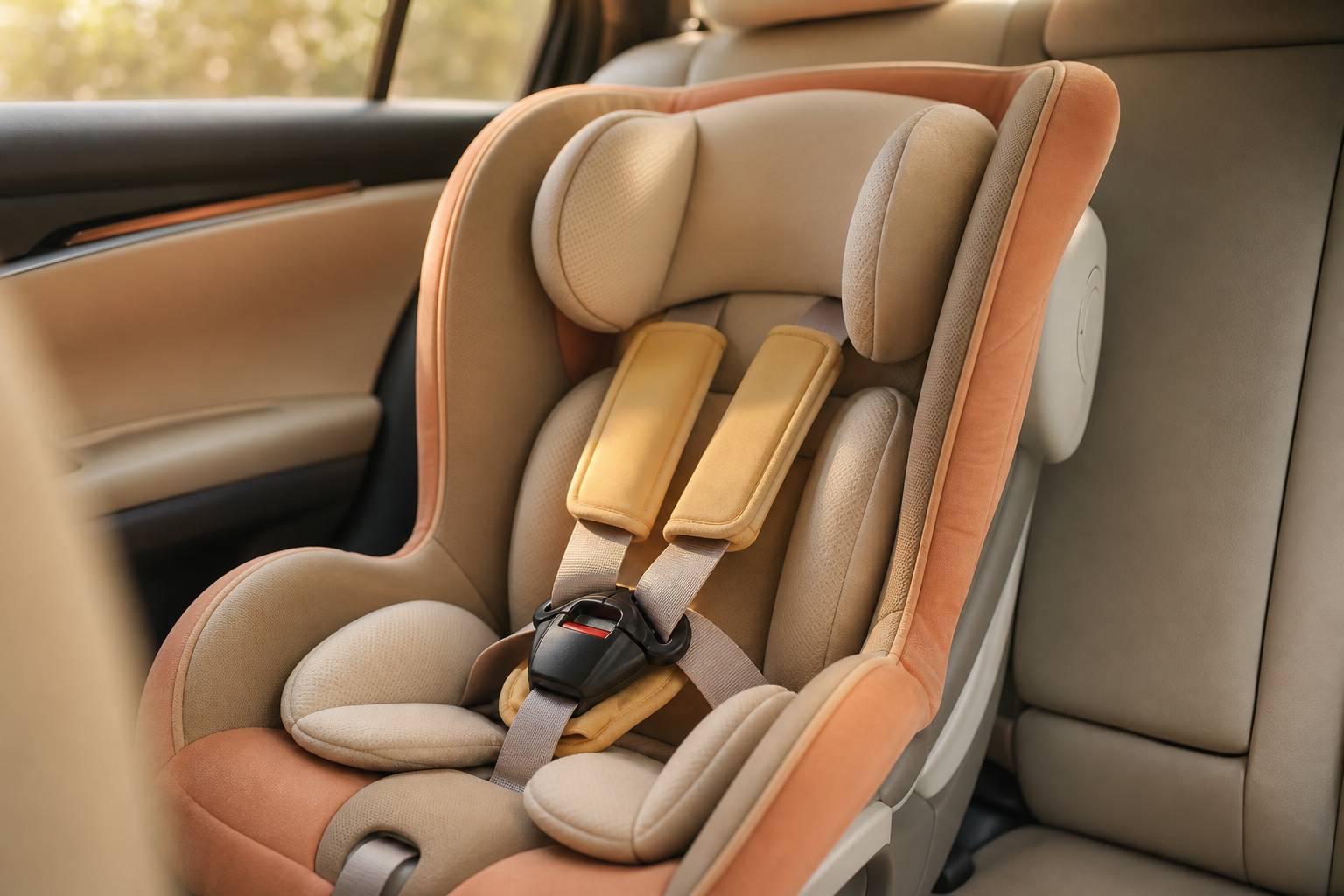 Detail du harnais de securite et assise rembourree d un siege-auto enfant