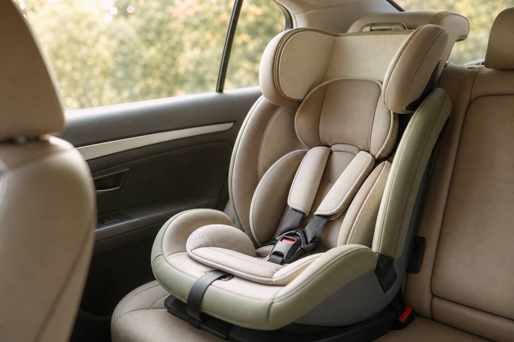 Siege-auto enfant avec harnais de securite installe dans une voiture lumineuse