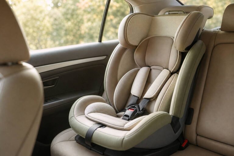 Siege-auto enfant avec harnais de securite installe dans une voiture lumineuse