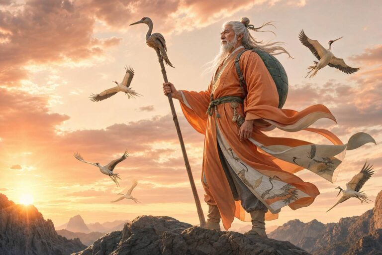 Tsuru Sennin le Corbeau Génial de Dragon Ball en pose héroïque au coucher du soleil