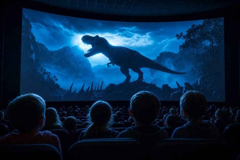 Écran de cinéma avec dinosaure et silhouettes de familles spectatrices
