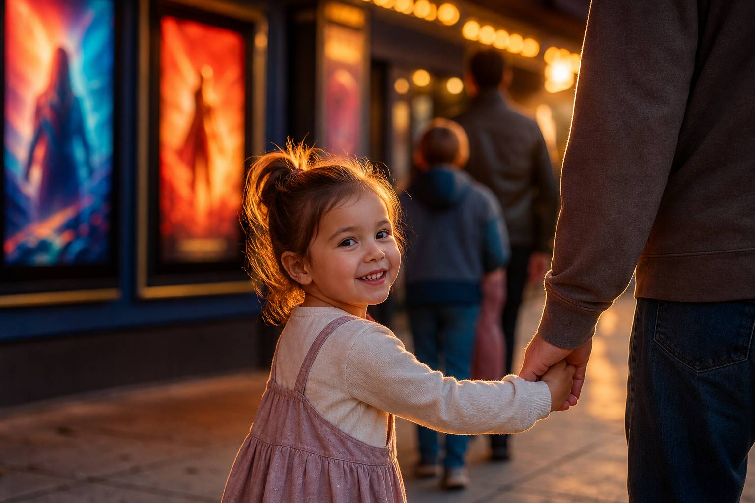 Enfant tenant la main d'un parent devant un cinéma sortie familiale