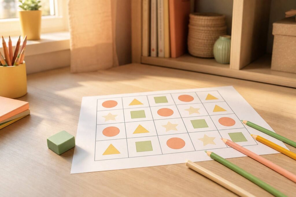 Grille de sudoku colorée pour enfants sur une table lumineuse avec crayons