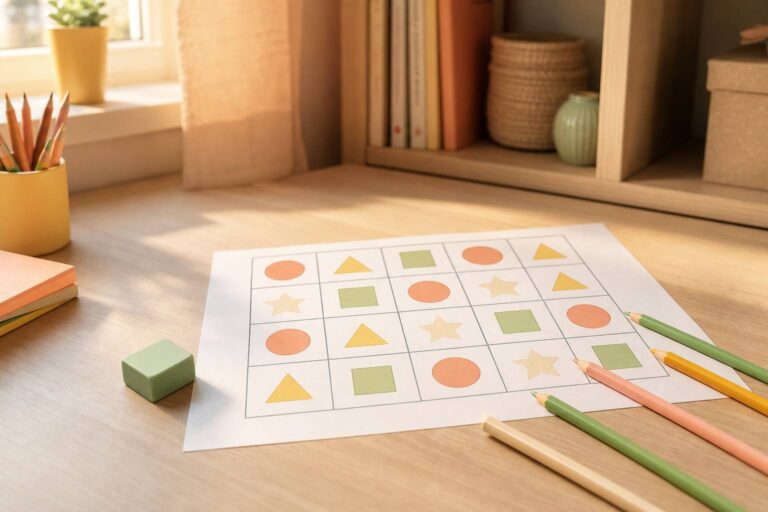 Grille de sudoku colorée pour enfants sur une table lumineuse avec crayons