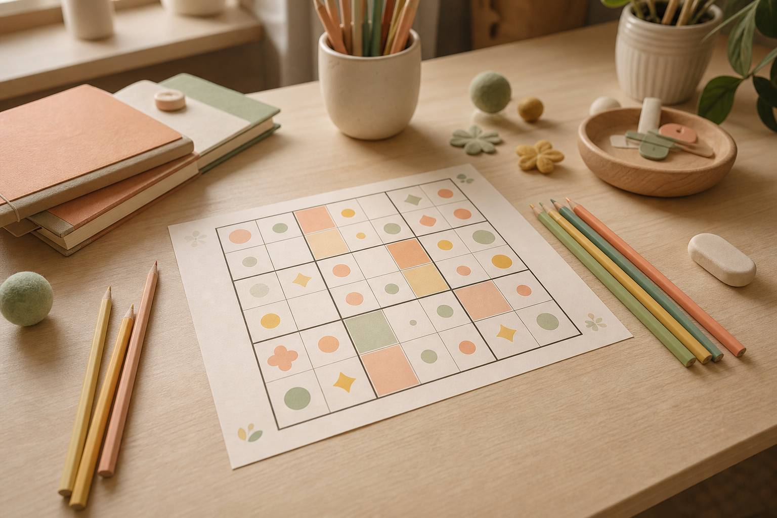 Sudoku à imprimer pour enfants, grille colorée et crayons sur table