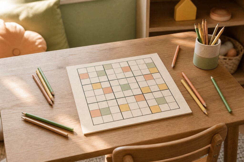 Grille de sudoku imprimée pour enfants avec crayons de couleur