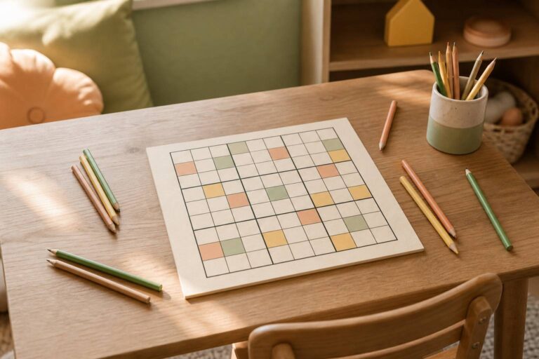 Grille de sudoku imprimée pour enfants avec crayons de couleur