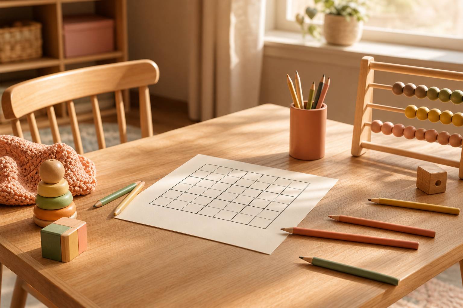 Sudoku enfant imprimé sur table en bois, crayons et ambiance ludique