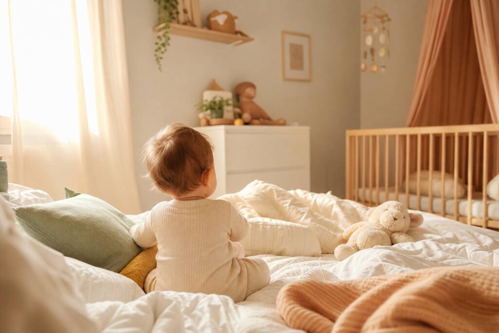 Baby smiling in crib with morning light through curtains, tender nursery ambiance