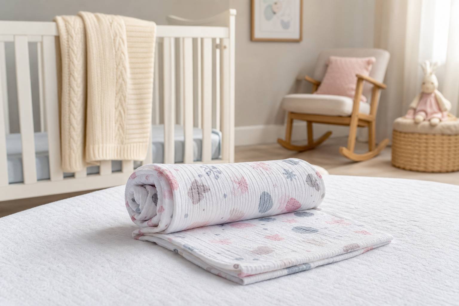 Soft muslin baby wrap neatly folded demonstrating swaddle technique