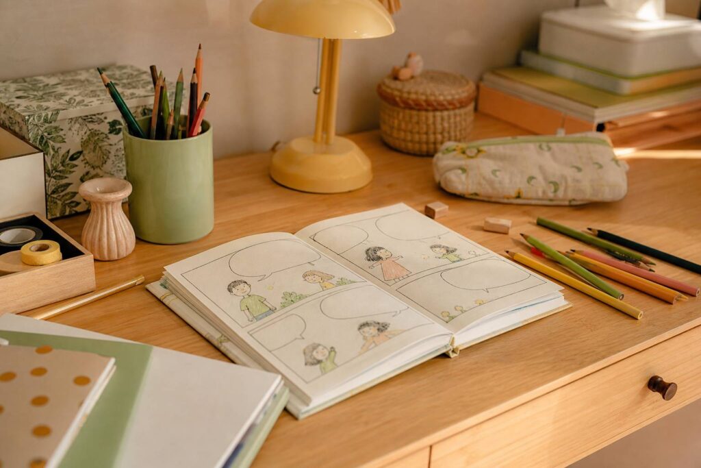 Table d enfant avec crayons couleur et carnet dessin personnages BD