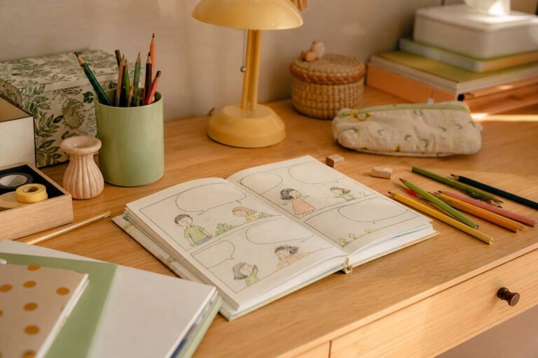 Table d enfant avec crayons couleur et carnet dessin personnages BD