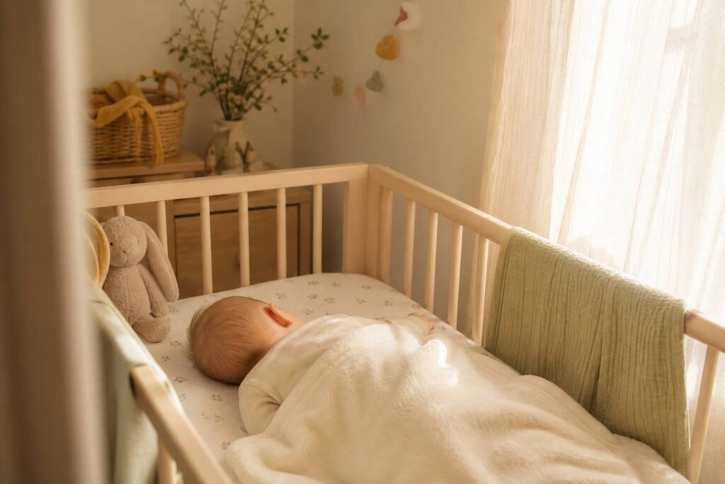 Bébé dormant paisiblement dans un lit douillet, lumière tamisée du matin
