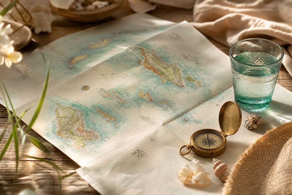 Carte détaillée des Seychelles sur table avec boussole et coquillages