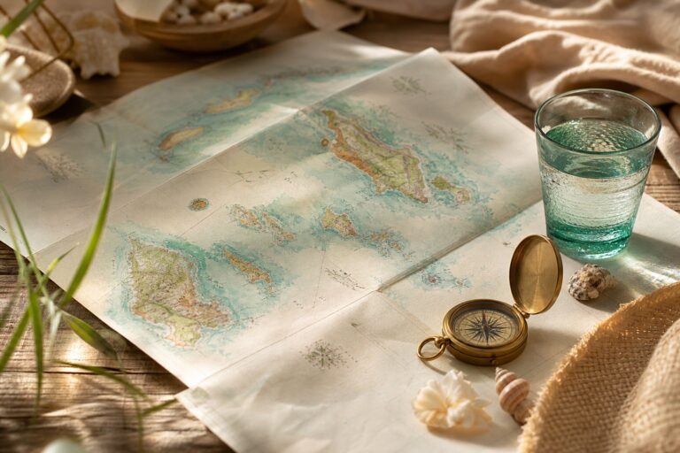 Carte détaillée des Seychelles sur table avec boussole et coquillages