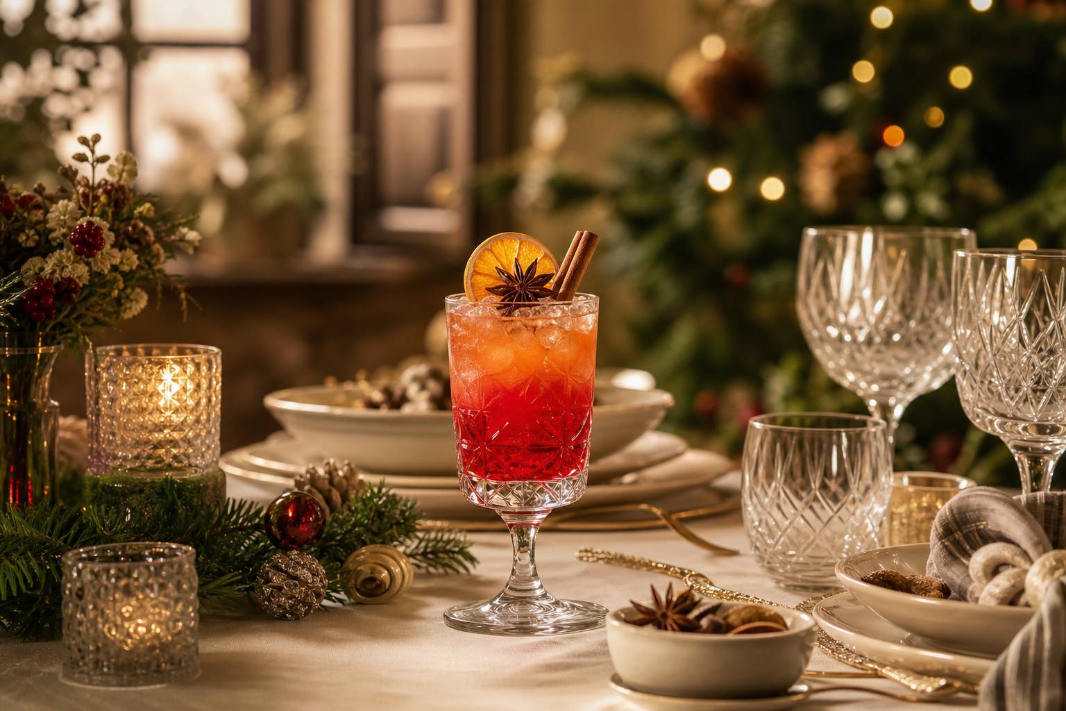 Verre de cocktail de Noël sans alcool rouge avec cannelle et anis étoilé