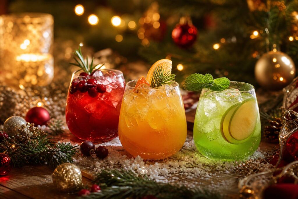 Table de Noël décorée avec des verres de cocktails sans alcool colorés