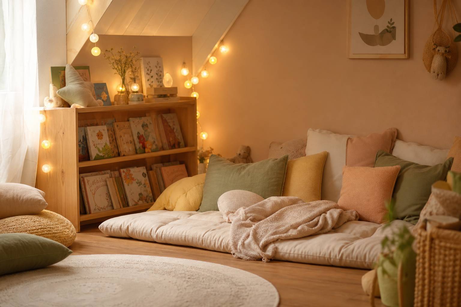 Coin lecture enfant avec coussins biliotheque et guirlande lumineuse