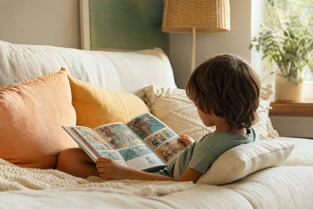 Enfant feuilletant livre illustre d aventures sur canape cosy