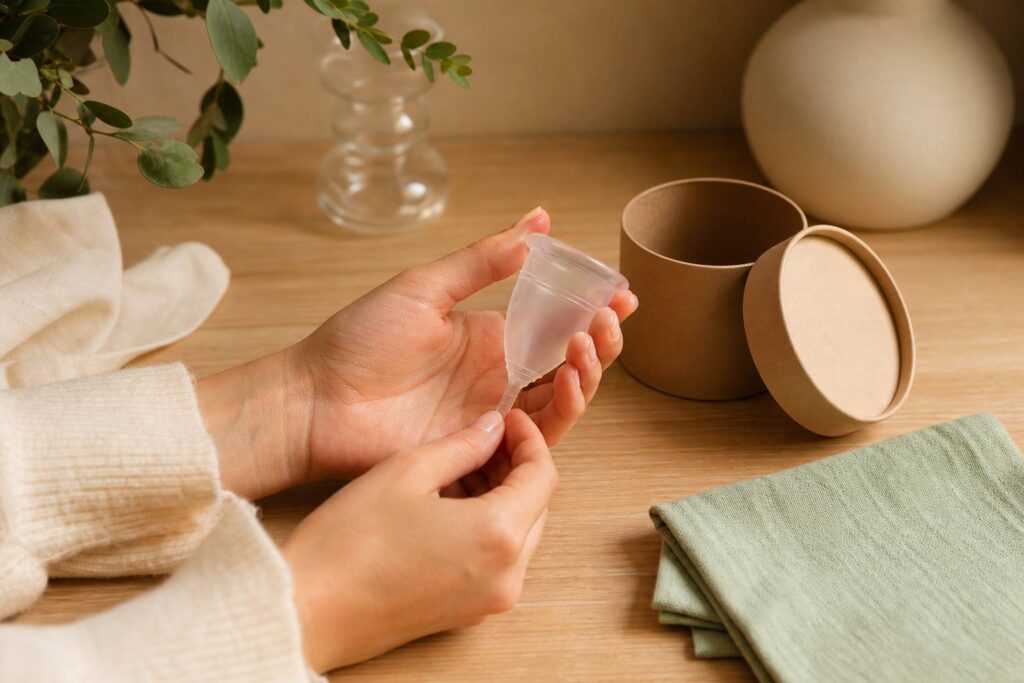 Mains tenant une coupe menstruelle en silicone transparente avec emballage recyclable sur table en bois