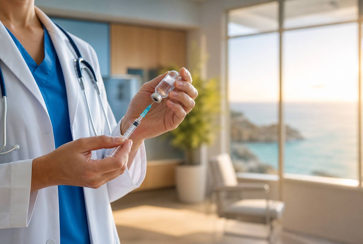 Doctor holding vaccine vial and syringe in clean medical office professional setting