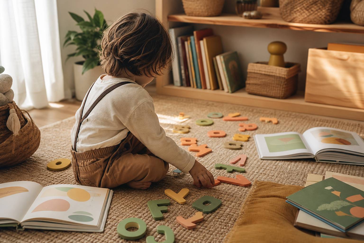 Enfant explorant livres et mots alphabet colore