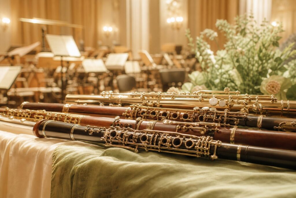Flutes et clarinettes disposees artistiquement dans un orchestre lumiere de scene
