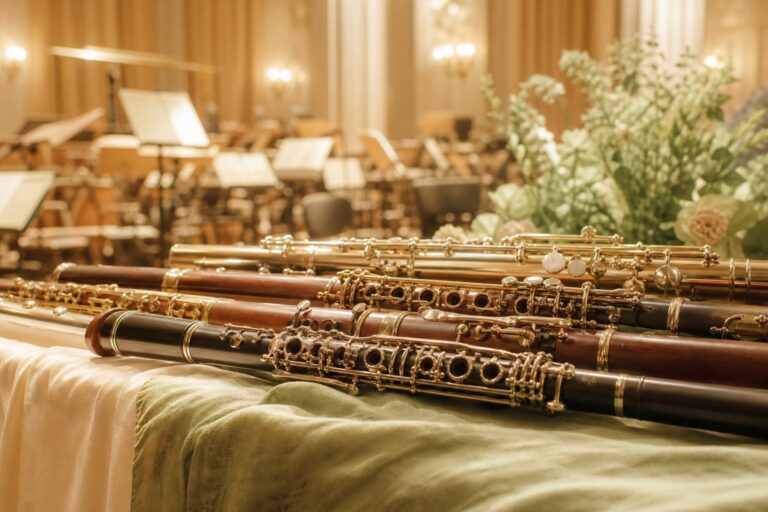 Flutes et clarinettes disposees artistiquement dans un orchestre lumiere de scene