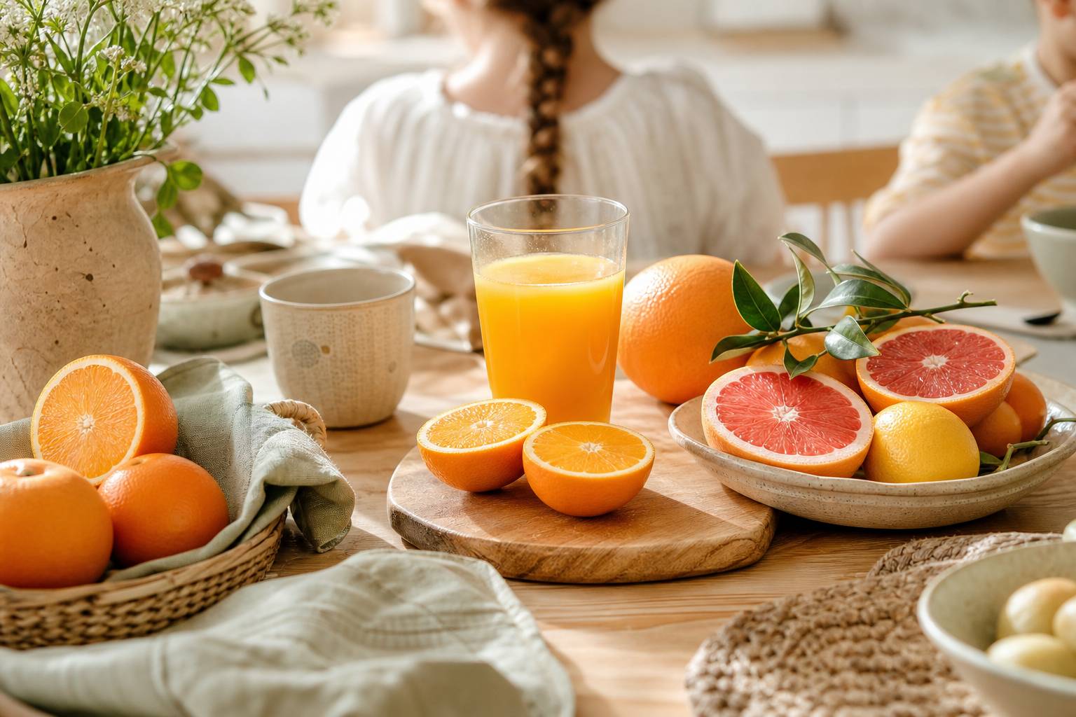 Jus d orange et oranges fraîches sur table de petit déjeuner