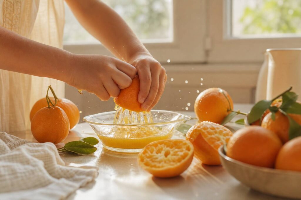 Jus d orange frais pressé maison préparé par un enfant dans la cuisine