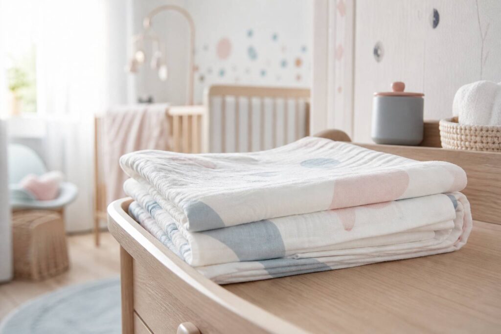 Lange pour bébé en coton doux plié sur une table à langer en bois clair