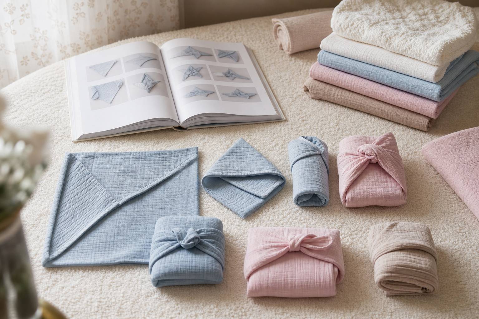 Lange pour bébé déplié montrant différentes techniques de pliage