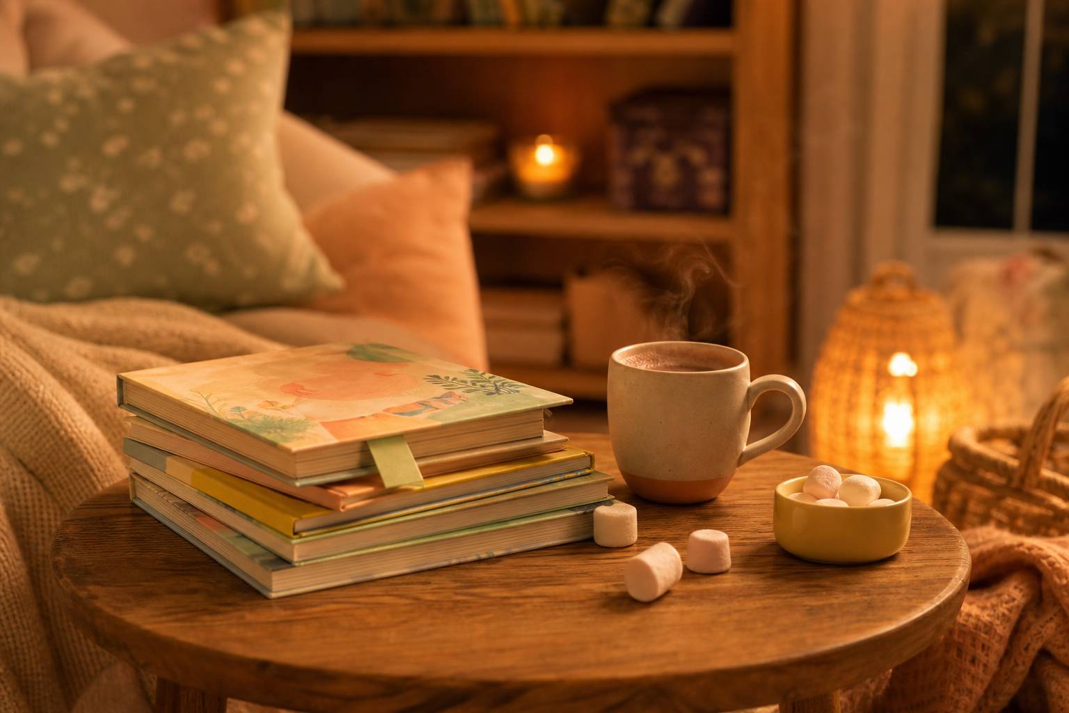 Livres enfants empiles sur table avec chocolat chaud ambiance lecture
