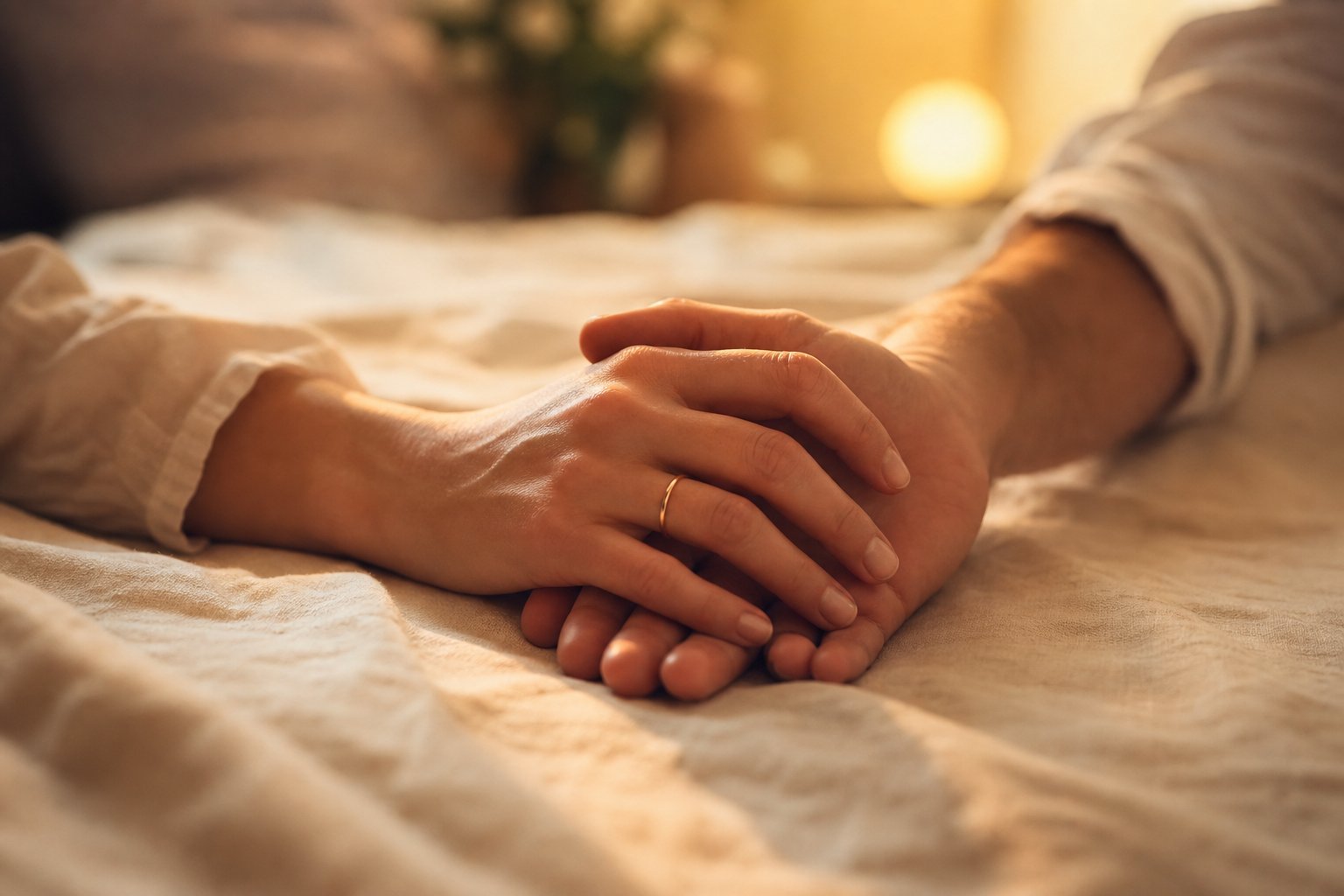 Mains de couple se touchant doucement sur drap en lin blanc ambiance tamisée soir