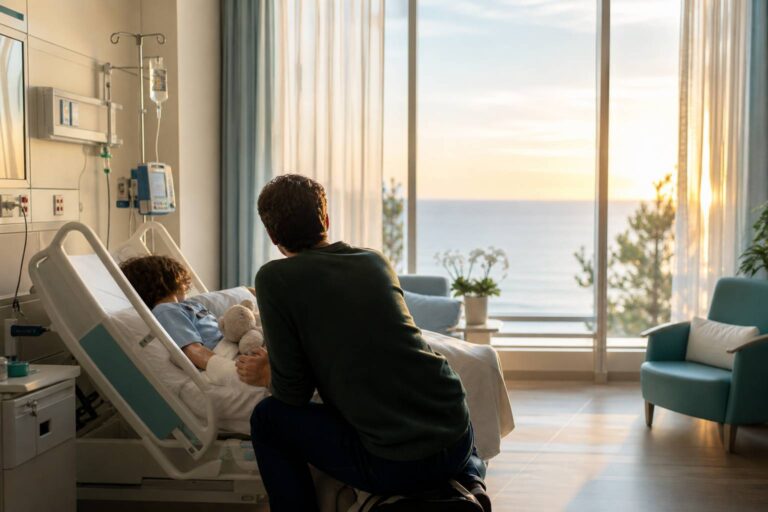 Enfant allonge dans un lit d hopital avec parent a ses cotes lumiere douce